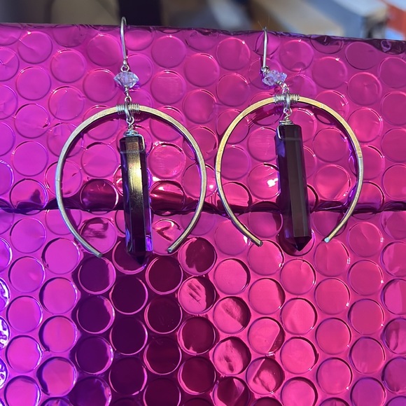 Moon Smokey quartz herkimer diamond moon earrings - Picture 6 of 6